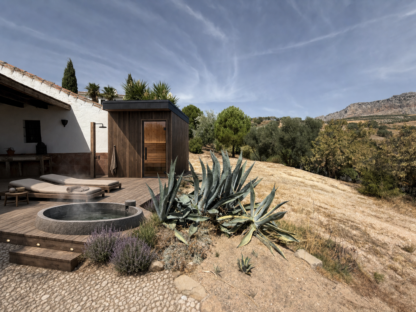 Visualisering af cedertræ-sauna og natursten hot-tub